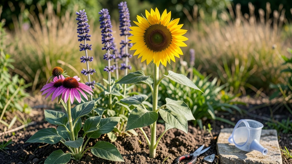 Purple Flowers With Sunflowers: Contrasting Heights for Garden Drama